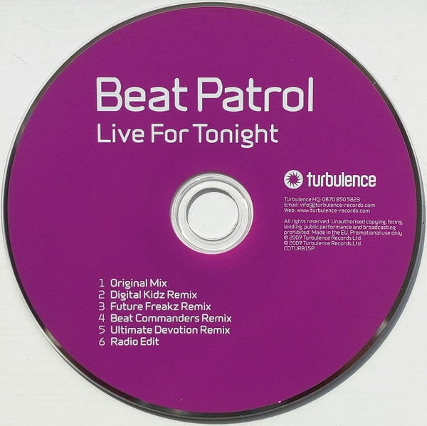 Beat Patrol (2) : Live For Tonight (CD, Single, Promo)