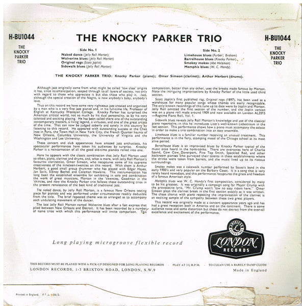 The Knocky Parker Trio : The Knocky Parker Trio (10", Album)