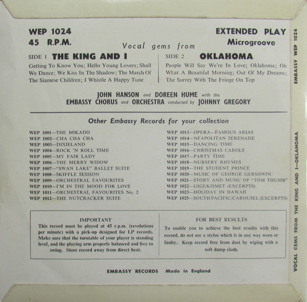 John Hanson (3) & Doreen Hume With The Embassy Singers & Players Conducted By John Gregory : Vocal Gems From The Show And The Film "The King And I" And "Oklahoma" (7", EP)