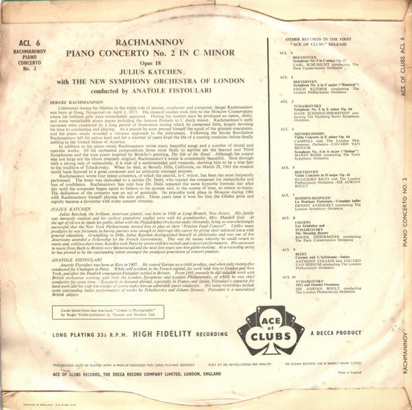 Sergei Vasilyevich Rachmaninoff - Julius Katchen, The New Symphony Orchestra Of London, Anatole Fistoulari : Second Piano Concerto (LP, Mono)