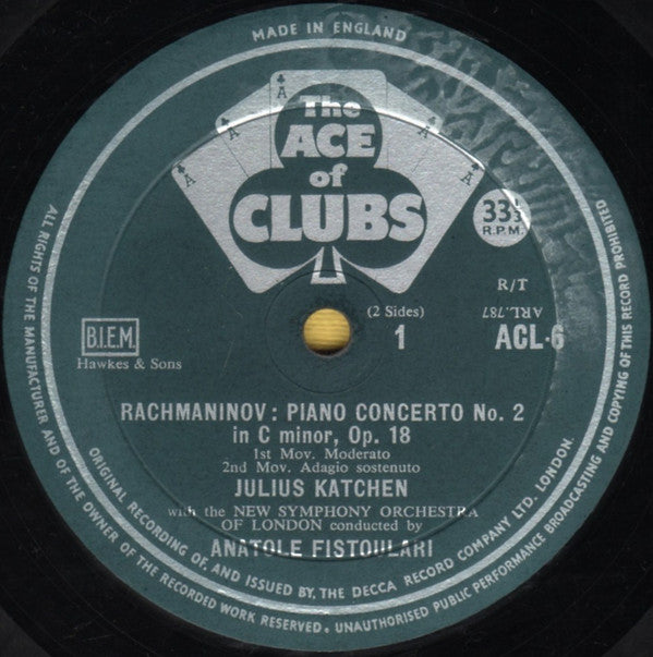 Sergei Vasilyevich Rachmaninoff - Julius Katchen, The New Symphony Orchestra Of London, Anatole Fistoulari : Second Piano Concerto (LP, Mono)