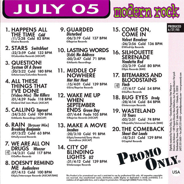 Various : Promo Only Modern Rock Radio: July 2005 (CD, Comp, Promo)