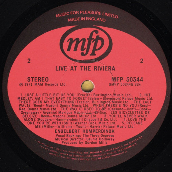 Engelbert Humperdinck : Live At The Riviera (LP, Album, RE)