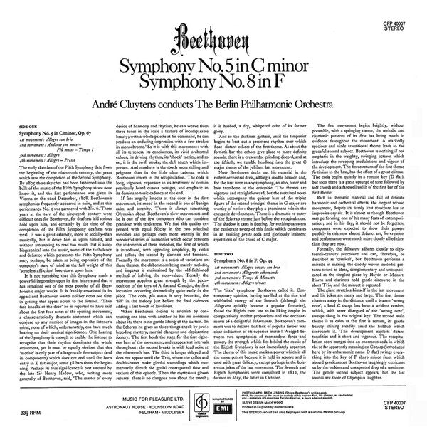 Ludwig van Beethoven, André Cluytens Conducts Berliner Philharmoniker : Symphony No. 5 In C Minor, Symphony No. 8 In F (LP)