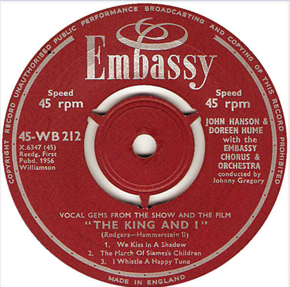 John Hanson (3) & Doreen Hume With The Embassy Chorus And Orchestra : Vocal Gems From The Show And The Film "The King And I" (7", EP)