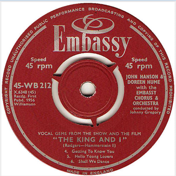 John Hanson (3) & Doreen Hume With The Embassy Chorus And Orchestra : Vocal Gems From The Show And The Film "The King And I" (7", EP)