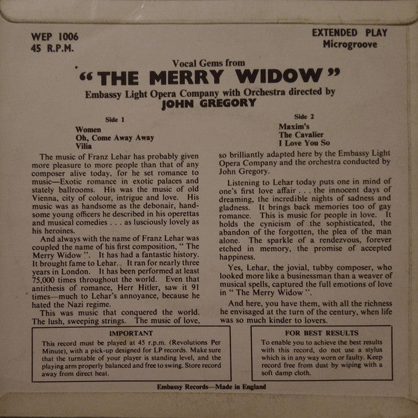 The Embassy Light Opera Company : Vocal Gems From "The Merry Widow" (7", EP)