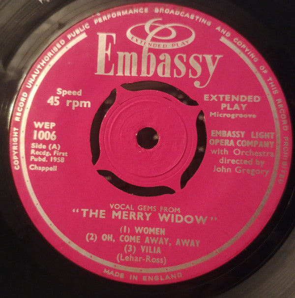 The Embassy Light Opera Company : Vocal Gems From "The Merry Widow" (7", EP)