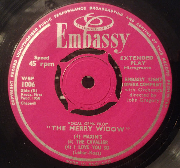 The Embassy Light Opera Company : Vocal Gems From "The Merry Widow" (7", EP)