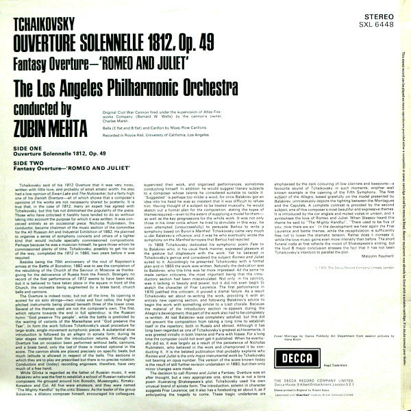 Pyotr Ilyich Tchaikovsky - Los Angeles Philharmonic Orchestra / Zubin Mehta : Overture Solennelle 1812 / Fantasy Overture 'Romeo And Juliet' (LP, Album, RP)