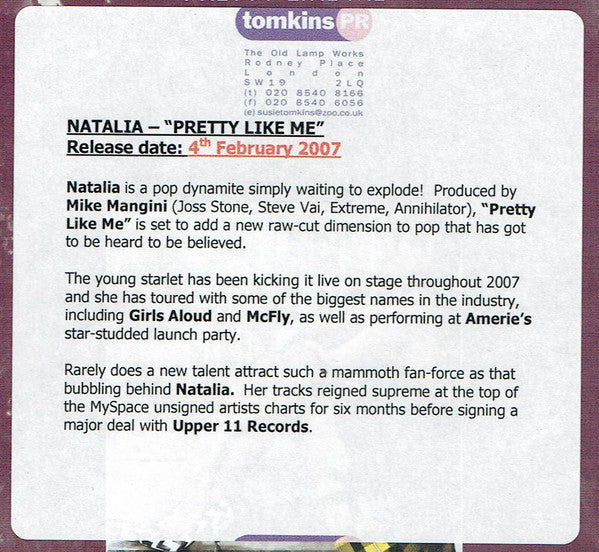 Natalia (29) : Pretty Like Me (CD, Single, Enh, Promo)