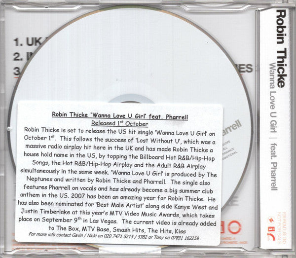 Robin Thicke Feat. Pharrell Williams : Wanna Love U Girl (CD, Single, Promo)