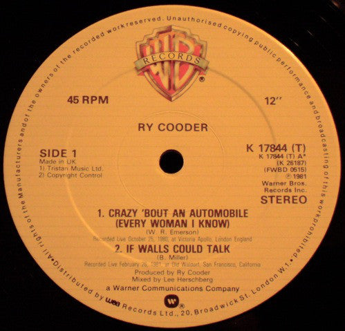 Ry Cooder : Crazy 'Bout An Automobile (Every Woman I Know) (12", Ltd)