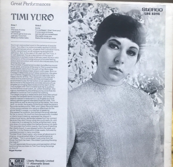 Timi Yuro : Great Performances (LP, Comp)