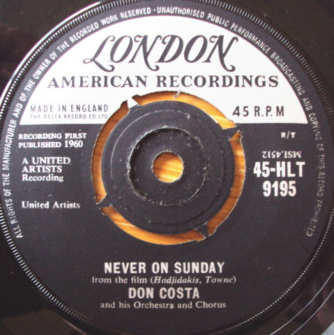 Don Costa's Orchestra And Chorus : Never On Sunday (7", Single)