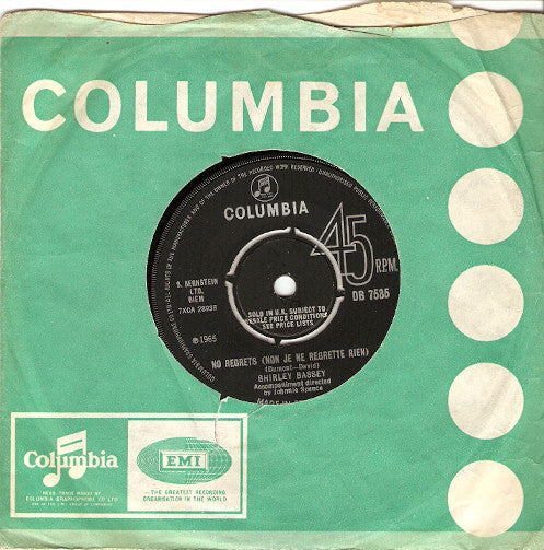 Shirley Bassey : No Regrets (Non Je Ne Regrette Rien) (7", Single)