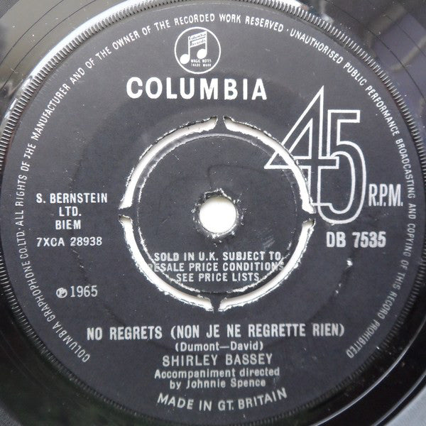 Shirley Bassey : No Regrets (Non Je Ne Regrette Rien) (7", Single)