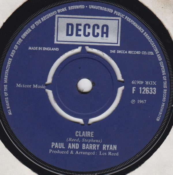 Paul & Barry Ryan : Claire (7", Single)