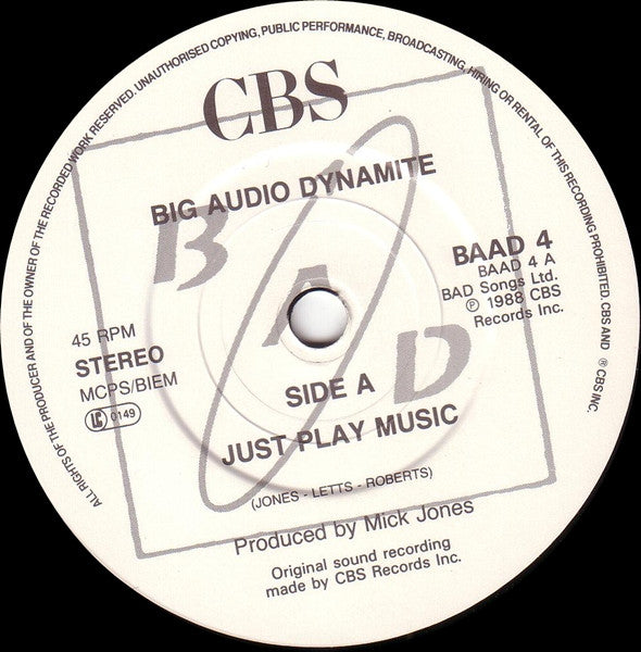 Big Audio Dynamite : Just Play Music! (7", Single)