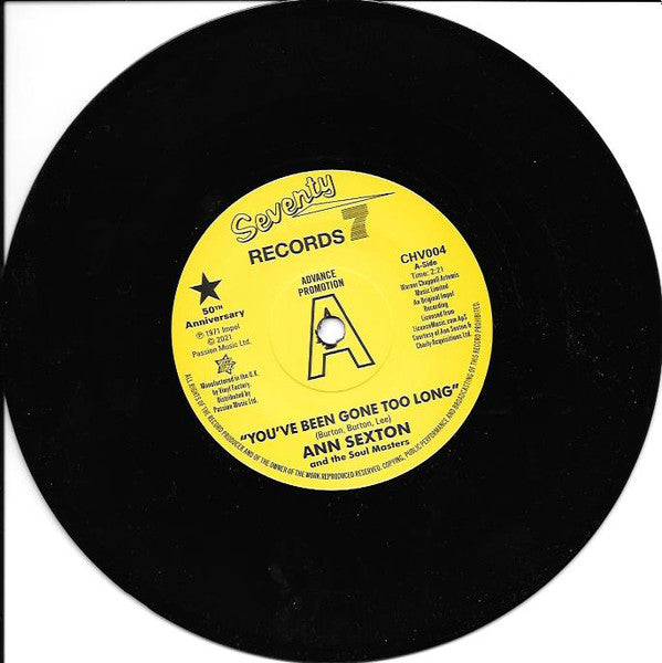Ann Sexton And The Masters Of Soul / Ann Sexton : You've Been Gone Too Long / I Had A Fight With Love (7", Promo, RE)