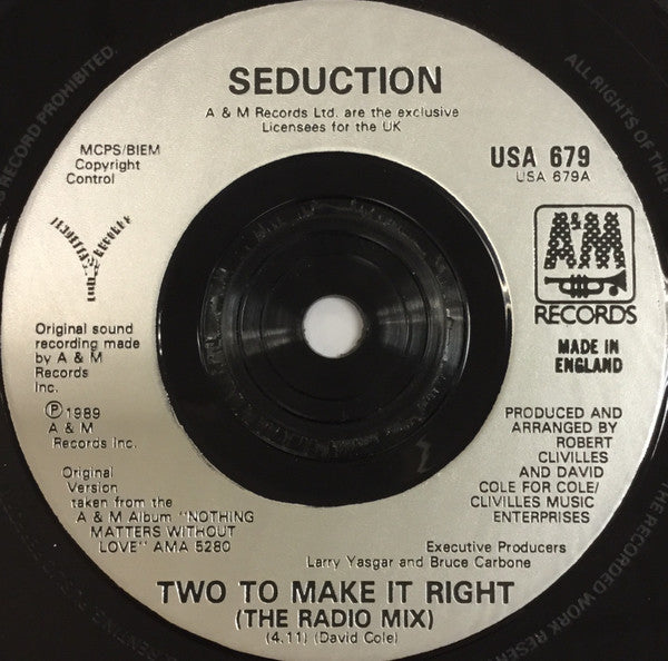 Seduction : Two To Make It Right (7", Single, Sil)