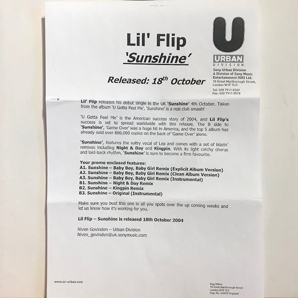 Lil' Flip : Baby Boy, Baby Girl / Sunshine (12", Promo)