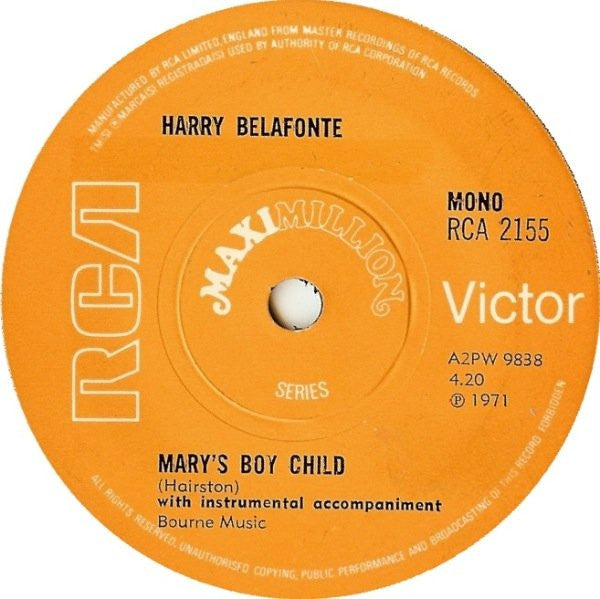 Harry Belafonte : Mary's Boy Child (7", Maxi, Mono, Sol)