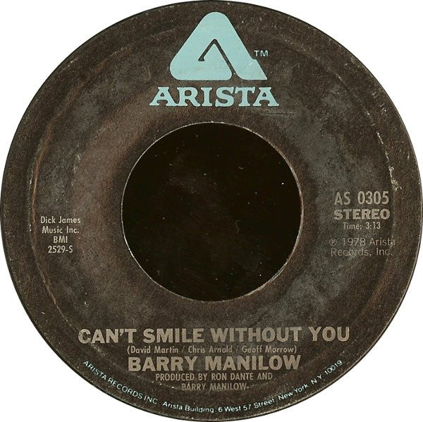 Barry Manilow : Can't Smile Without You (7", Styrene)