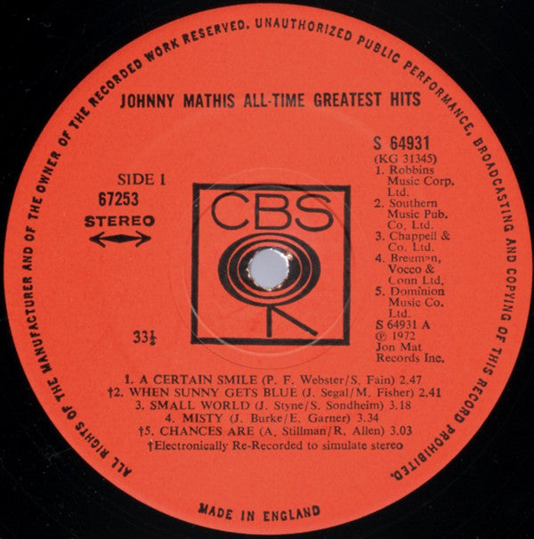Johnny Mathis : Johnny Mathis' All-Time Greatest Hits (2xLP, Comp)
