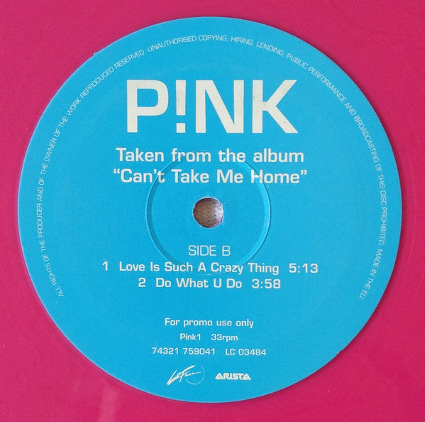 P!nk : Taken From The Album "Can't Take Me Home" (12", Promo, Smplr, Pin)