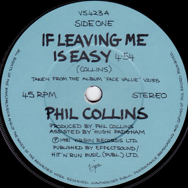 Phil Collins : If Leaving Me Is Easy (7", Single)
