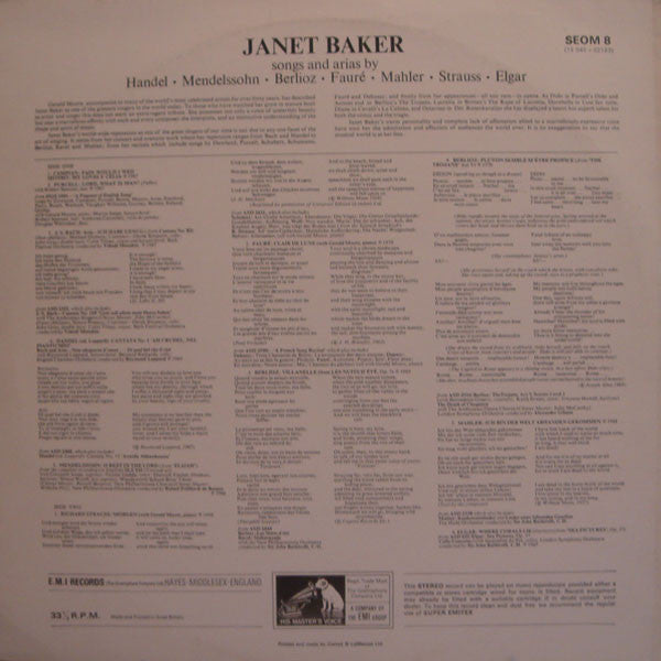 Janet Baker : Songs And Arias By Purcell, J.S. Bach, Handel, Mendelssohn, Berlioz, Fauré, Mahler, Strauss, Elgar (LP, Comp)
