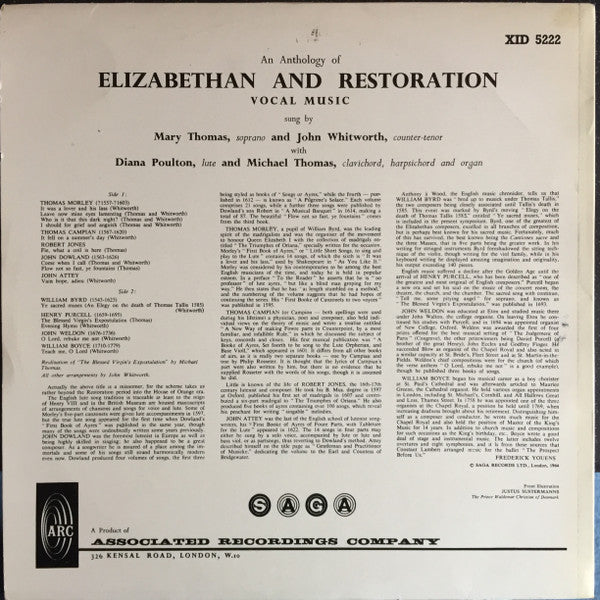 Mary Thomas And John Whitworth : An Anthology Of Elizabethan & Restoration Vocal Music (LP)