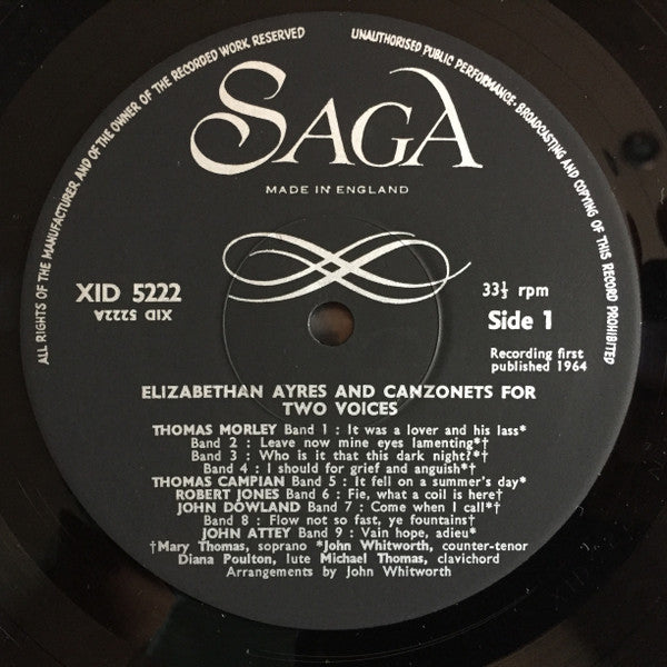 Mary Thomas And John Whitworth : An Anthology Of Elizabethan & Restoration Vocal Music (LP)