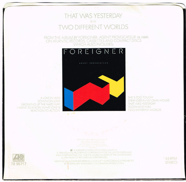 Foreigner : That Was Yesterday (7")