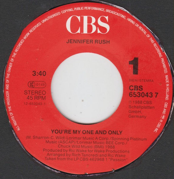 Jennifer Rush : You're My One And Only (7", Single)
