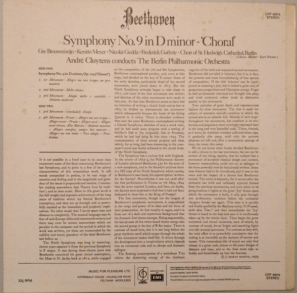 Ludwig van Beethoven - André Cluytens Conducts Berliner Philharmoniker : Symphony No. 9 In D Minor - "Choral" (LP)