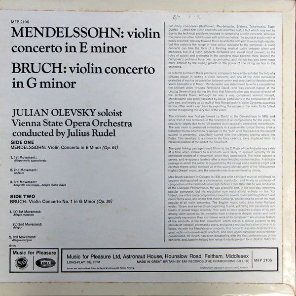 Felix Mendelssohn-Bartholdy, Max Bruch, Julian Olevsky & Orchester Der Wiener Staatsoper Conducted By Julius Rudel :  Violin Concerto In E Minor / Violin Concerto In G Minor (LP, RE)