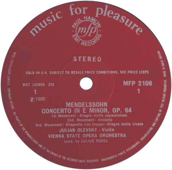 Felix Mendelssohn-Bartholdy, Max Bruch, Julian Olevsky & Orchester Der Wiener Staatsoper Conducted By Julius Rudel :  Violin Concerto In E Minor / Violin Concerto In G Minor (LP, RE)