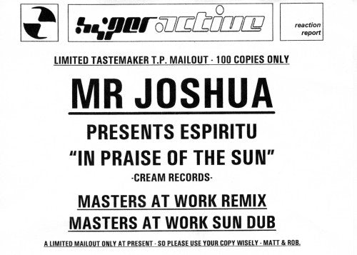 Mr. Joshua Presents Espiritu : In Praise Of The Sun (12", Ltd, TP, W/Lbl)
