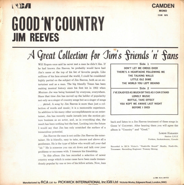 Jim Reeves : Good 'N' Country (LP, Album, Mono, RE)
