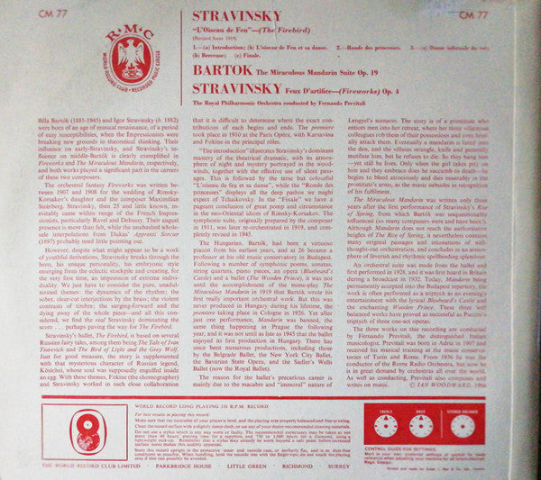 Igor Stravinsky, Béla Bartók - Royal Philharmonic Orchestra Conducted By Fernando Previtali : The Firebird Suite; Feux D'Artifice (Fireworks); The Miraculous Mandarin Suite (LP)