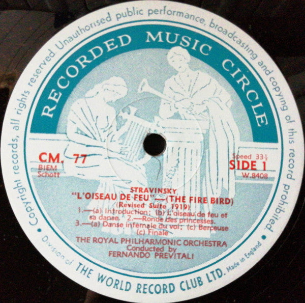 Igor Stravinsky, Béla Bartók - Royal Philharmonic Orchestra Conducted By Fernando Previtali : The Firebird Suite; Feux D'Artifice (Fireworks); The Miraculous Mandarin Suite (LP)