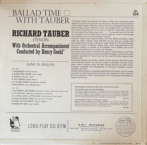 Richard Tauber : Ballad Time With Tauber (LP, Album, Mono)