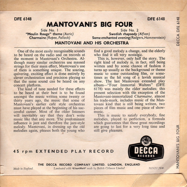 Mantovani And His Orchestra : Mantovani's Big Four (7", EP, RE, RP, Tri)