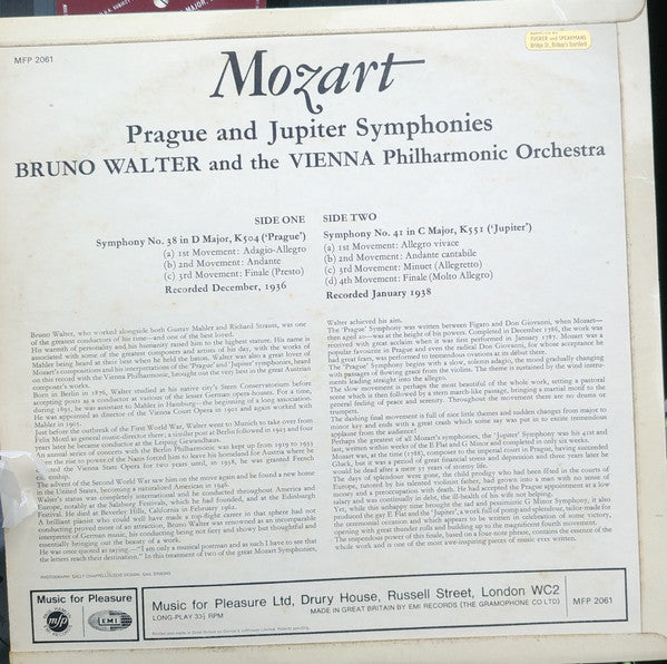 Wolfgang Amadeus Mozart, Bruno Walter And Wiener Philharmoniker : "Prague" And "Jupiter" Symphonies (LP, Mono)