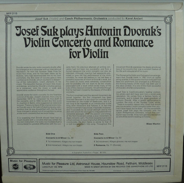 Josef Suk Plays Antonín Dvořák : Violin Concerto And Romance For Violin (LP)