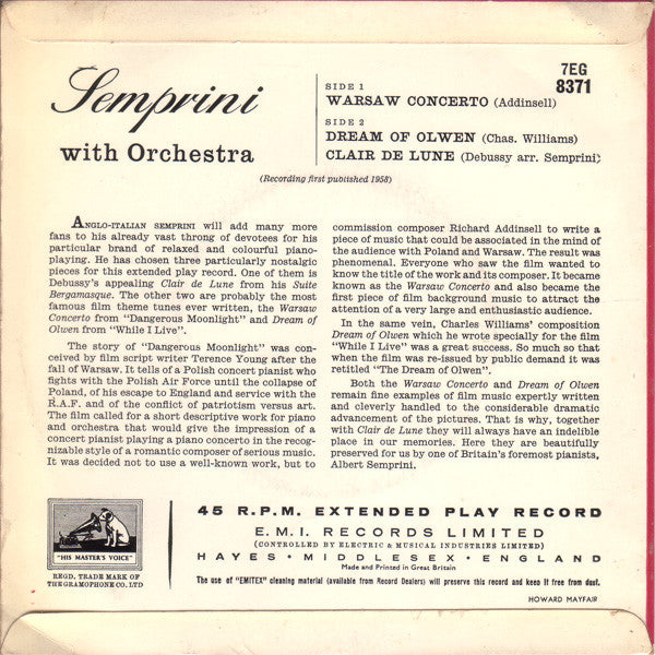 Alberto Semprini e la sua Orchestra : Warsaw Concerto (7", EP)
