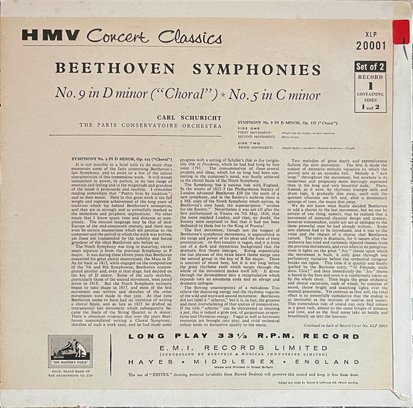 Ludwig van Beethoven, Carl Schuricht, Orchestre De La Société Des Concerts Du Conservatoire : Symphony No. 9 'Choral' Symphony No. 5 (2xLP, Mono, Two)