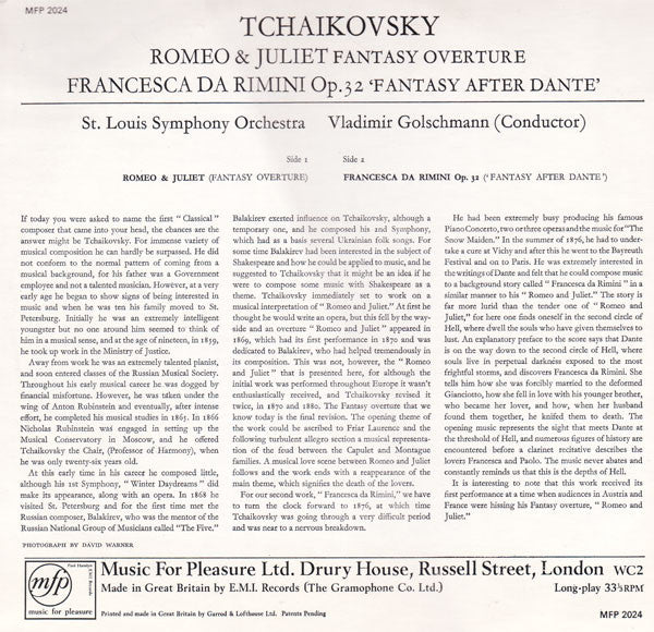 Pyotr Ilyich Tchaikovsky - Saint Louis Symphony Orchestra, Vladimir Golschmann : Romeo And Juliet (Fantasy Overture) / Francesca Da Rimini (Fantasy After Dante) (LP, Mono)